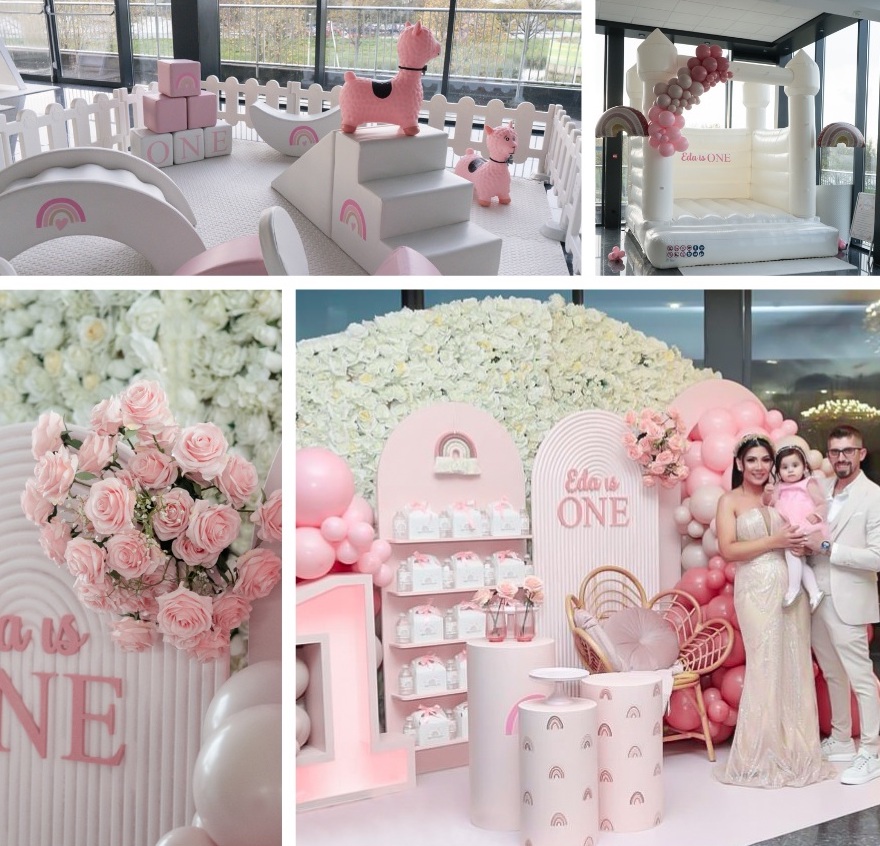Kinderverjaardag roze ballonnen en bloemen Verrytale Events
